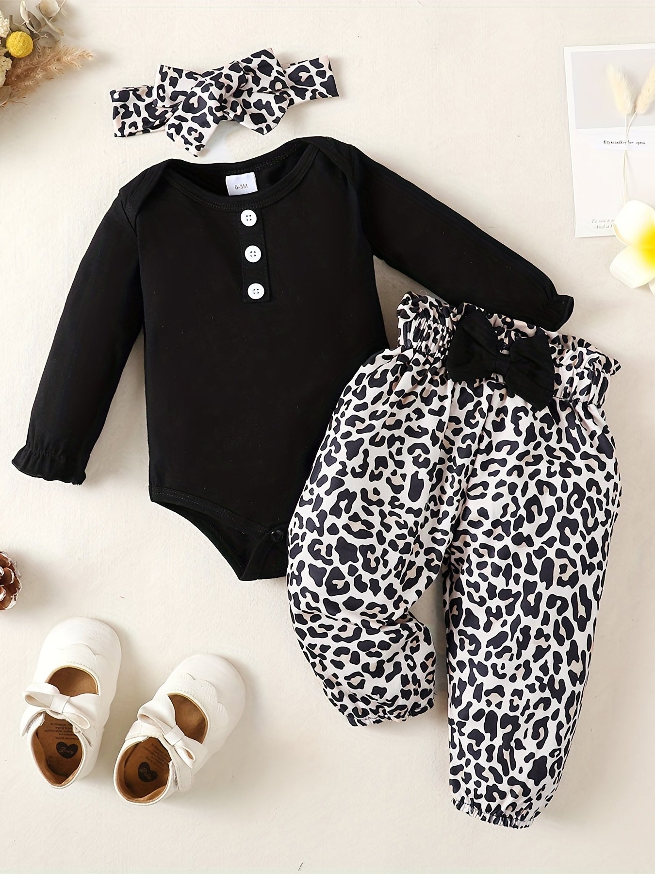 Baby Girl Long Sleeve Romper & Leopard Pant & Headband Set