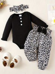 Baby Girl Long Sleeve Romper & Leopard Pant & Headband Set