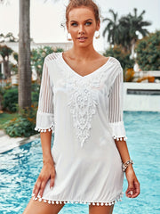 V Neck Kaftan Cover Up Dress Pom Pom Decor Contrast Mesh Half Sleeves