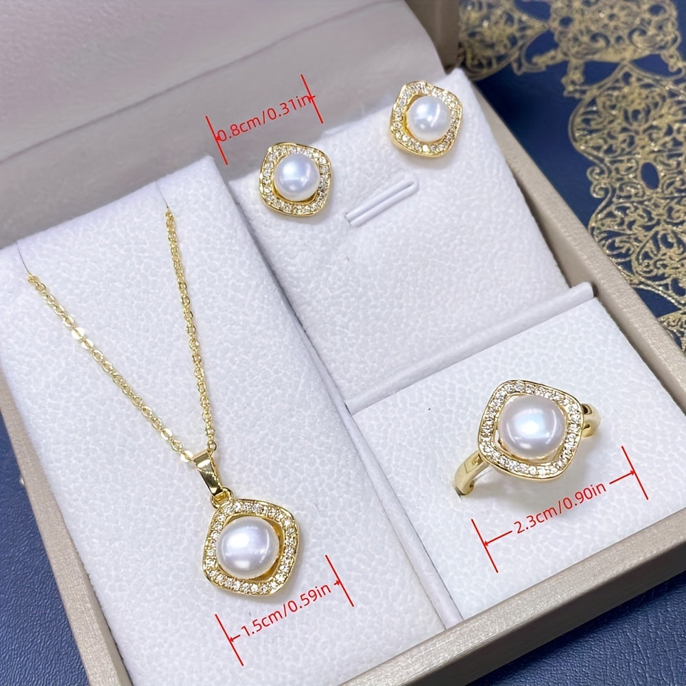 4pcs Girls Faux Pearl Pendant Necklace & Ring & Earrings Jewelry Set