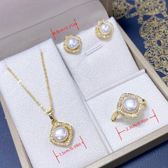 4pcs Girls Faux Pearl Pendant Necklace & Ring & Earrings Jewelry Set