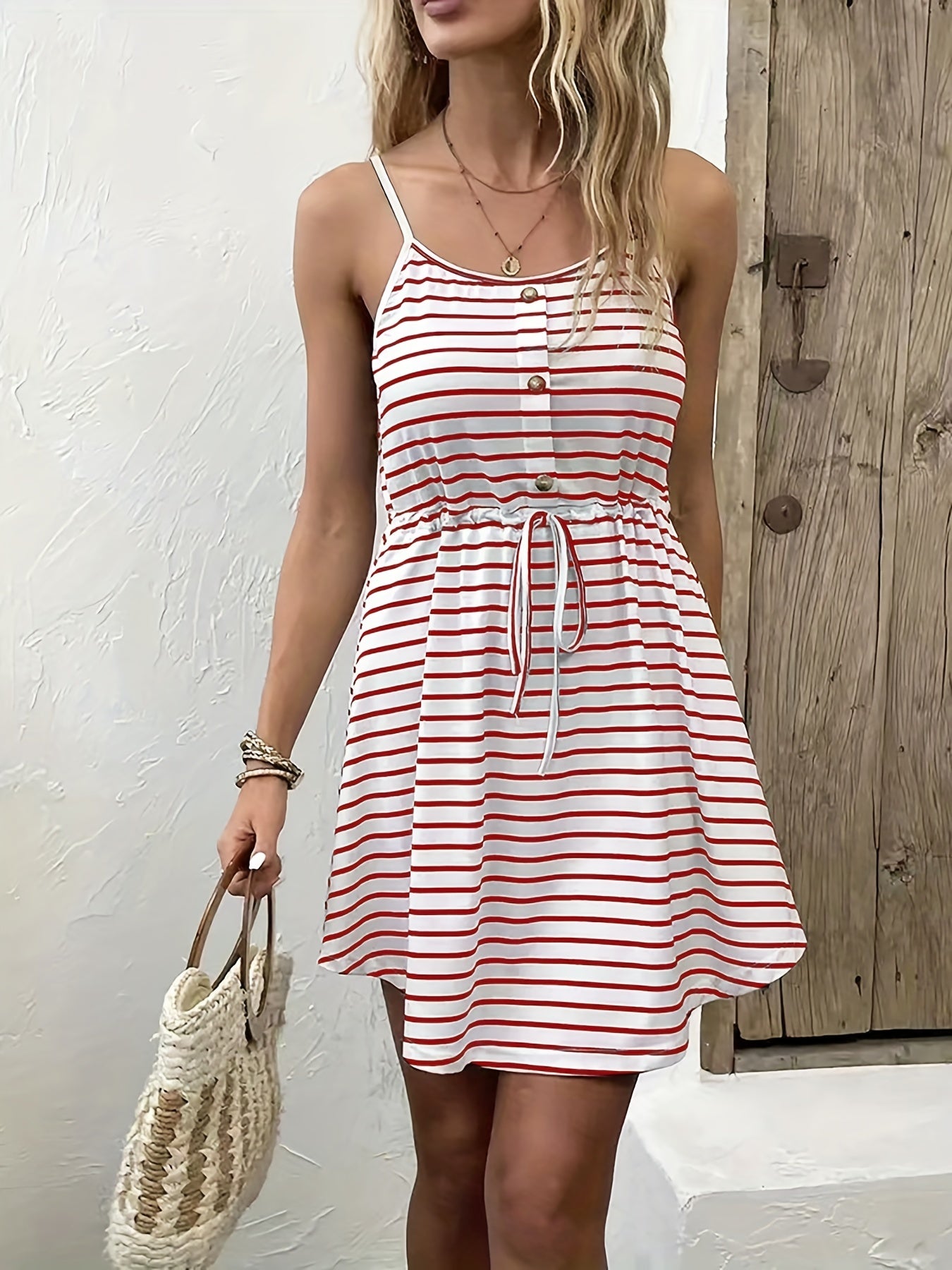 Striped Button Front Cami Dress with Drawstring Waist