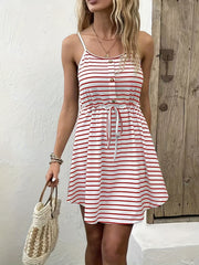 Striped Button Front Cami Dress with Drawstring Waist