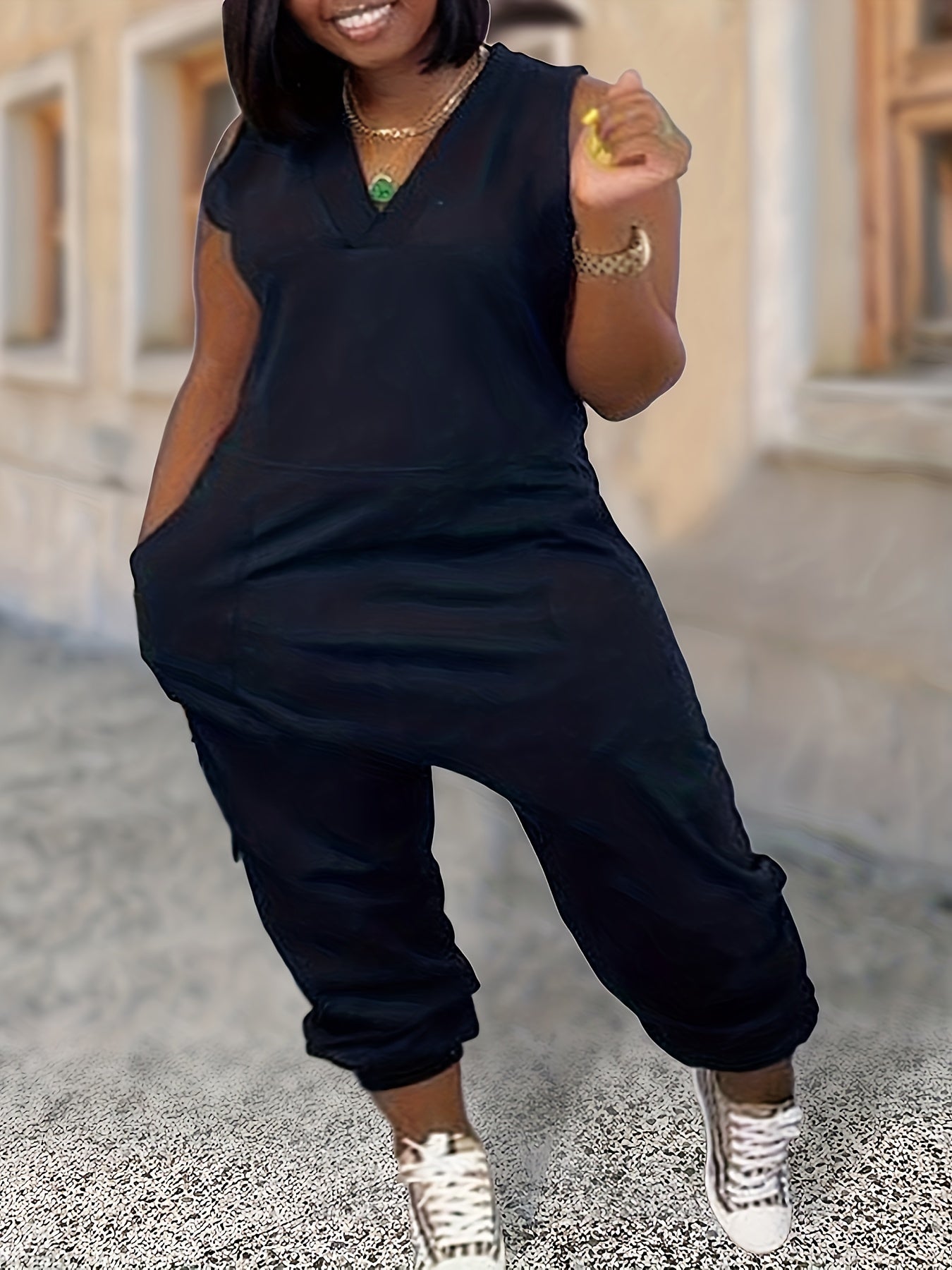 Casual Jumpsuit Women's Solid V Neck Romper With Pockets