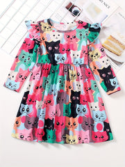 Girls Kitty Ruffle Long Sleeve Dress for Spring and Autumn