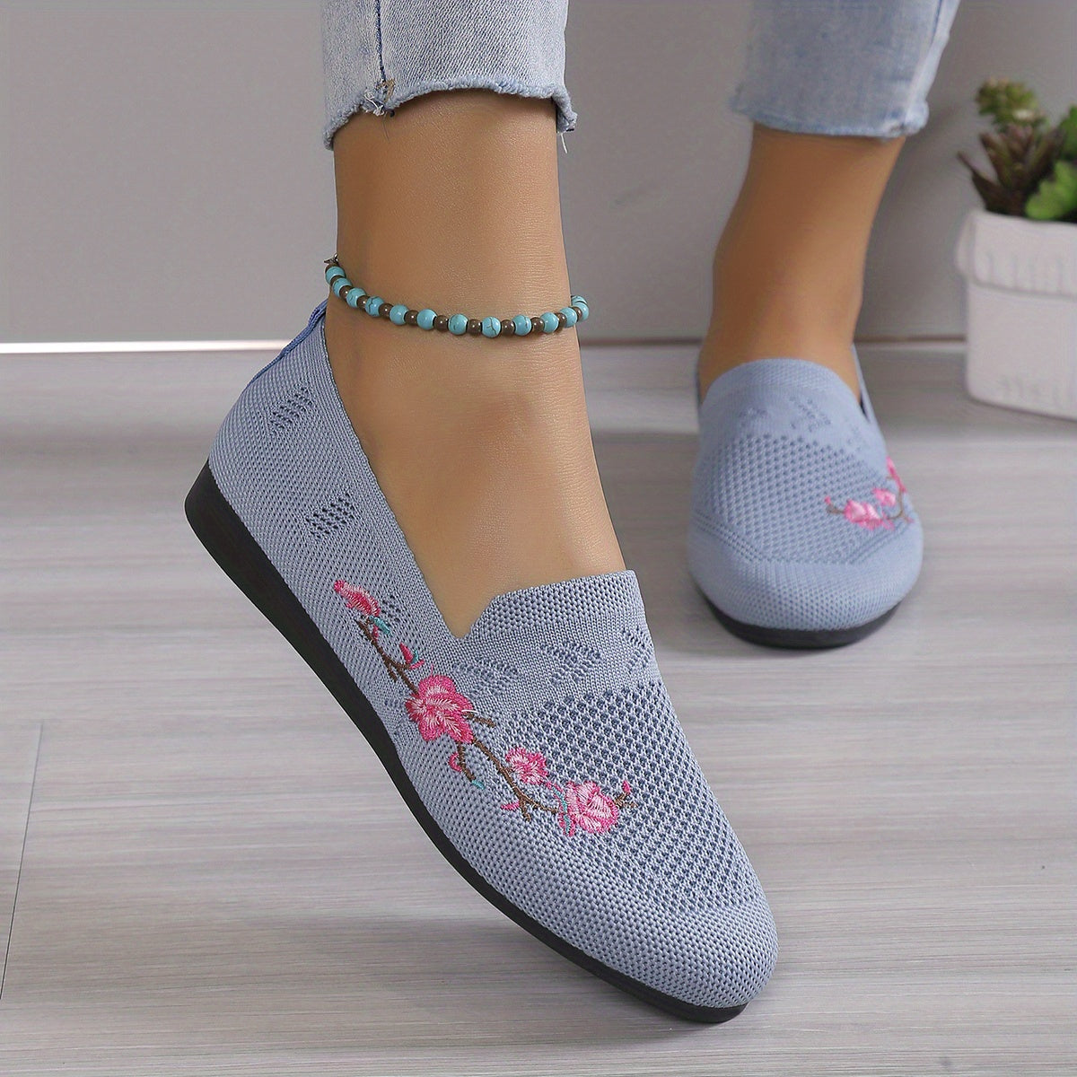 Floral Embroidered Flat Shoes Knit Slip On Casual Flats