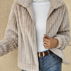 Zip Front Plush Coat Long Sleeve for Fall & Winter
