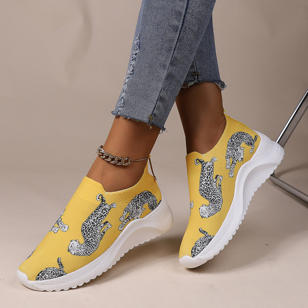Leopard Print Sock Shoes Low Top Sneakers Casual Running Shoes