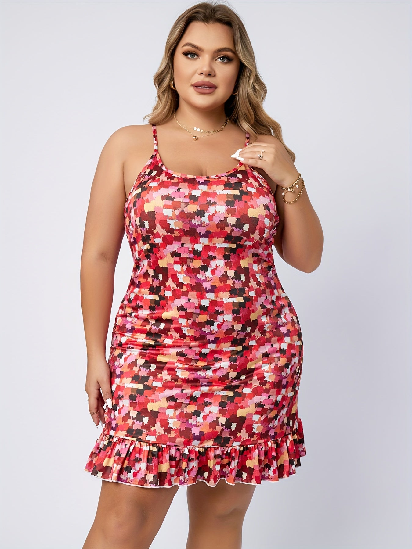 Print Scoop Neck Ruffle Trim Sleep Dress