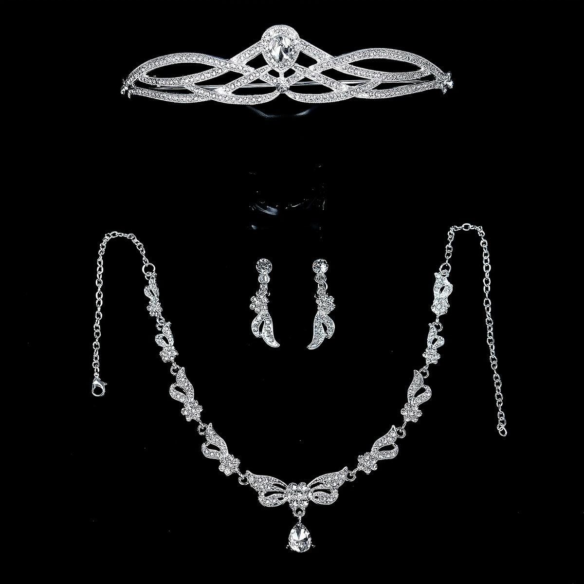 3PCS Wedding Necklace Earrings Crown Set Bridal Jewelry