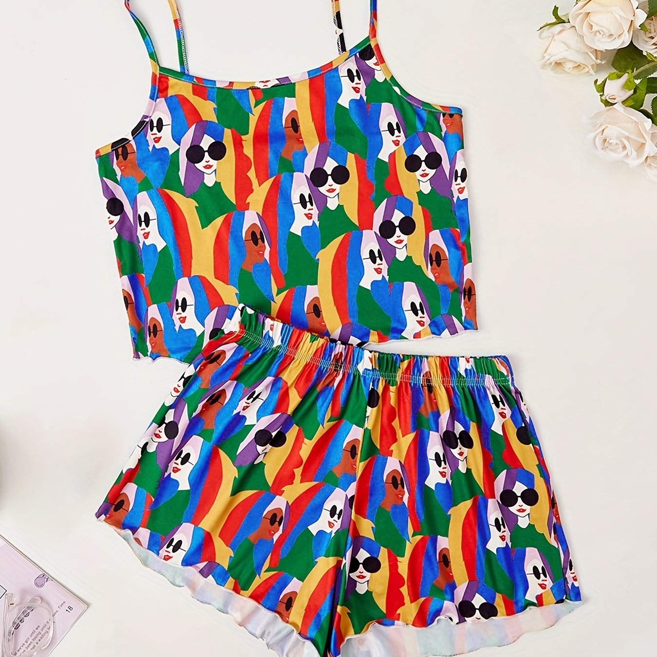 Figure Print Pajama Set Crew Neck Cami Top & Elastic Waistband Shorts
