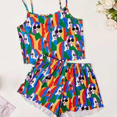 Figure Print Pajama Set Crew Neck Cami Top & Elastic Waistband Shorts