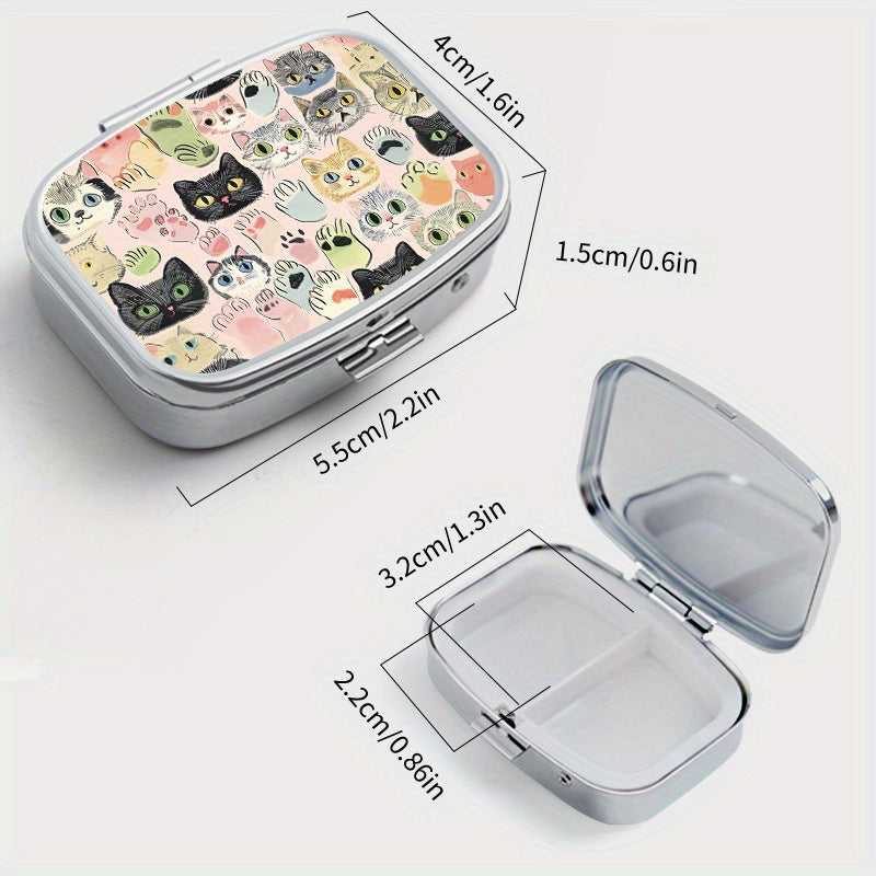 Whimsical Cat Square Pill Box Dual Compartments Compact Portable Travel Outdoor