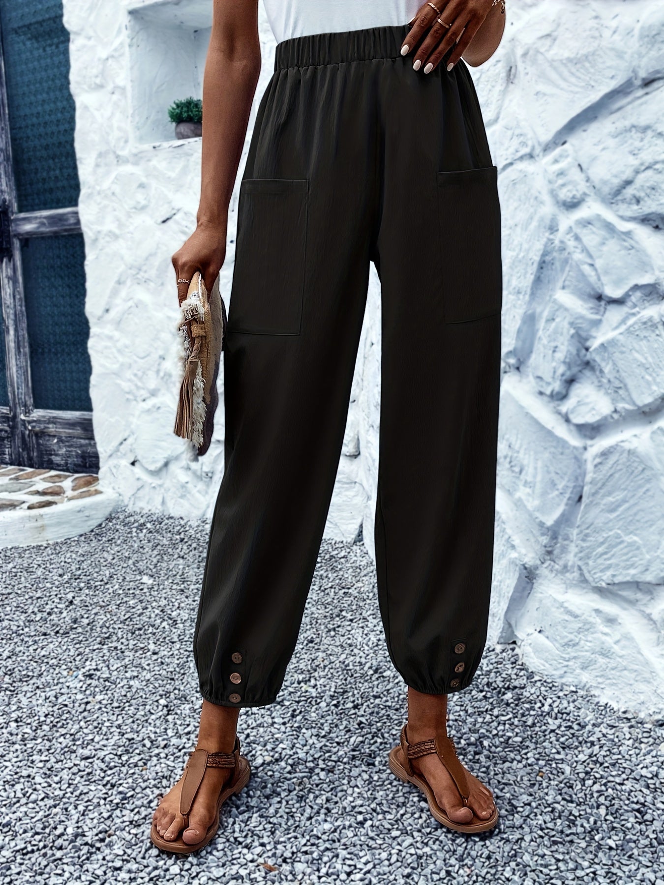 Button Decor Patched Pockets Pants Casual Loose Elastic Waist Comfy Solid Pants