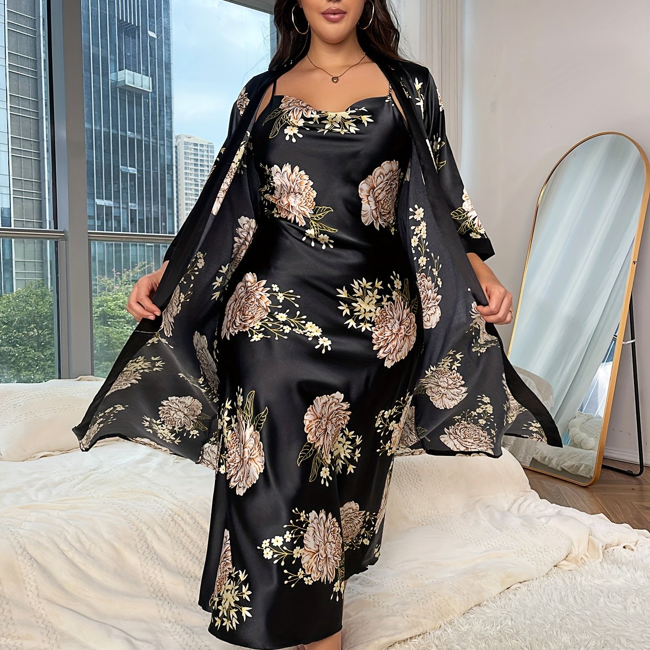 Women's Plus Floral Print Satin Belted Robe & Cowl Neck Cami Dress Pajamas Set