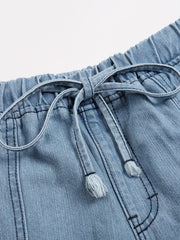 Casual Denim Shorts Women's Plus Solid Raw Trim Elastic Waist