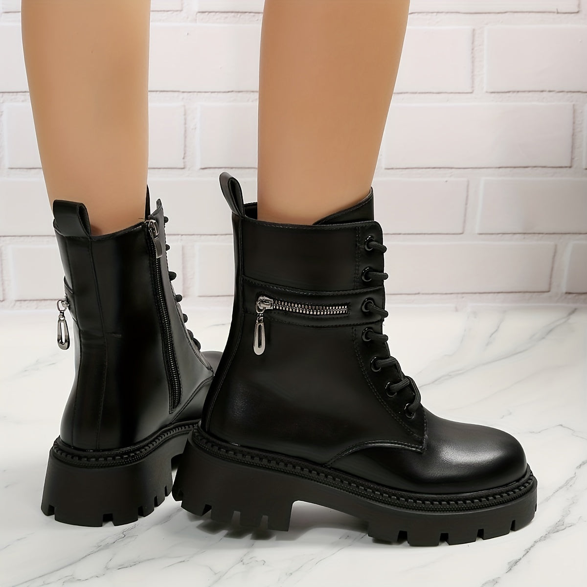 Women's Platform Combat Boots Round Toe Side Zipper Lace Up Ankle Boots