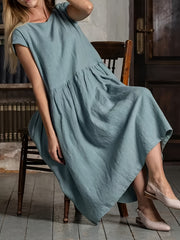 Draped Crew Neck Summer Dress Loose Fit