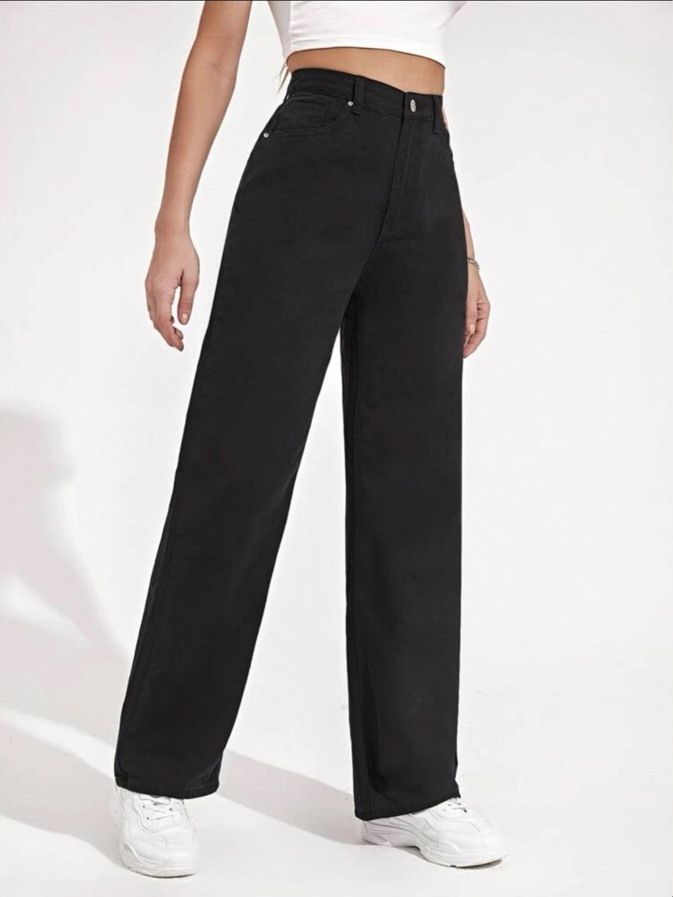 High Waist Denim Pants Straight Legs Loose Fit Casual Street Style