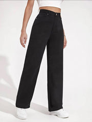High Waist Denim Pants Straight Legs Loose Fit Casual Street Style