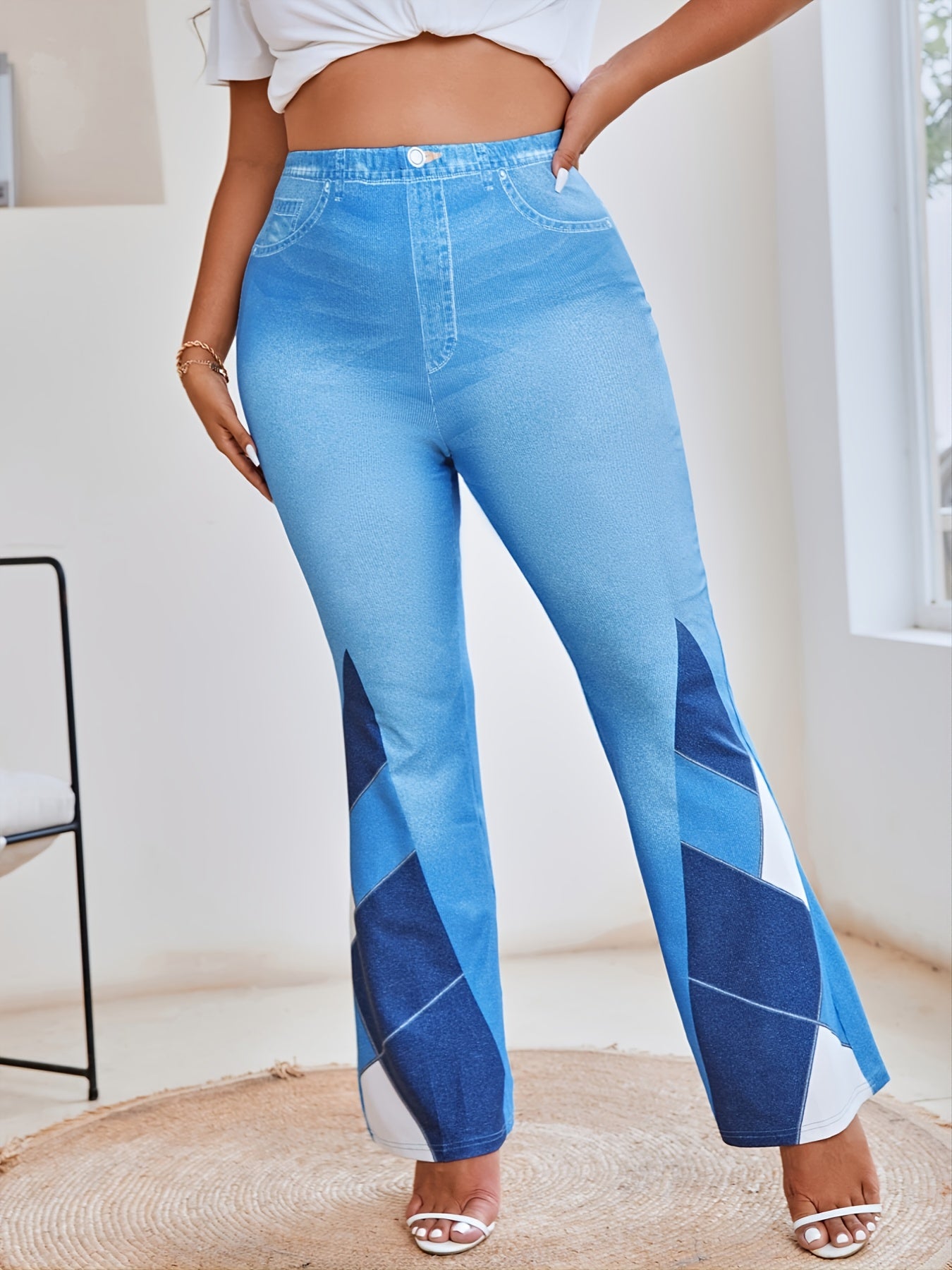 Denim Print Geometric Bell Bottom Leggings High Rise Flared Pants