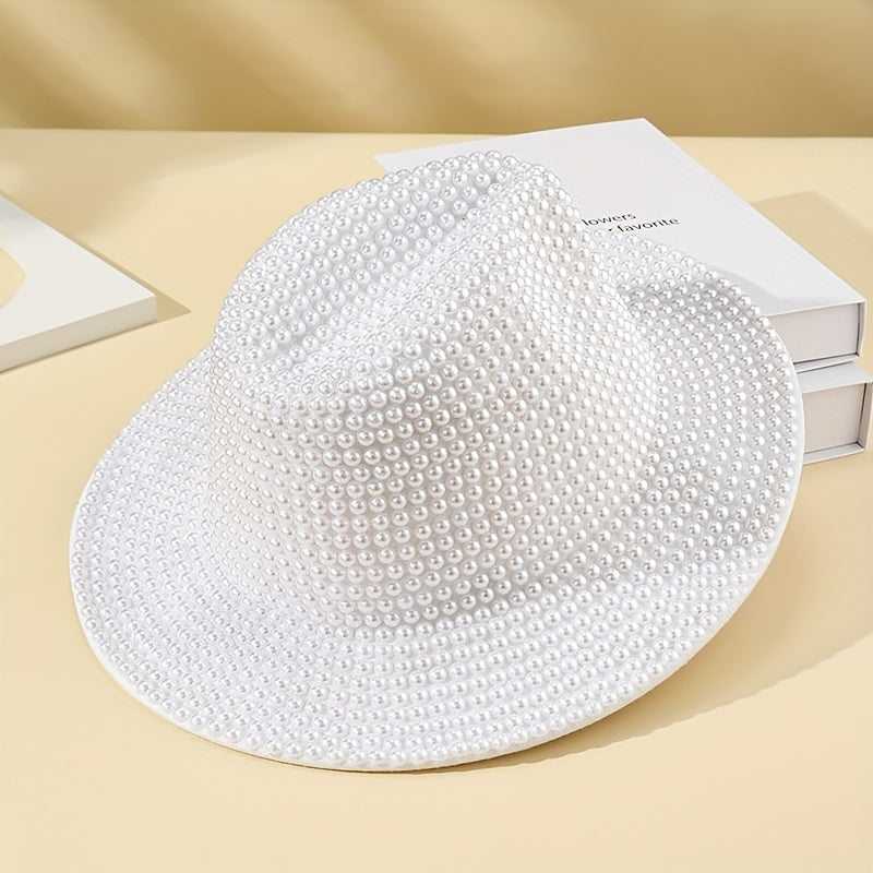 Faux Pearl Decor Fedora Cap Cowgirl Hat Rolled Brim Jazz Felt Hat