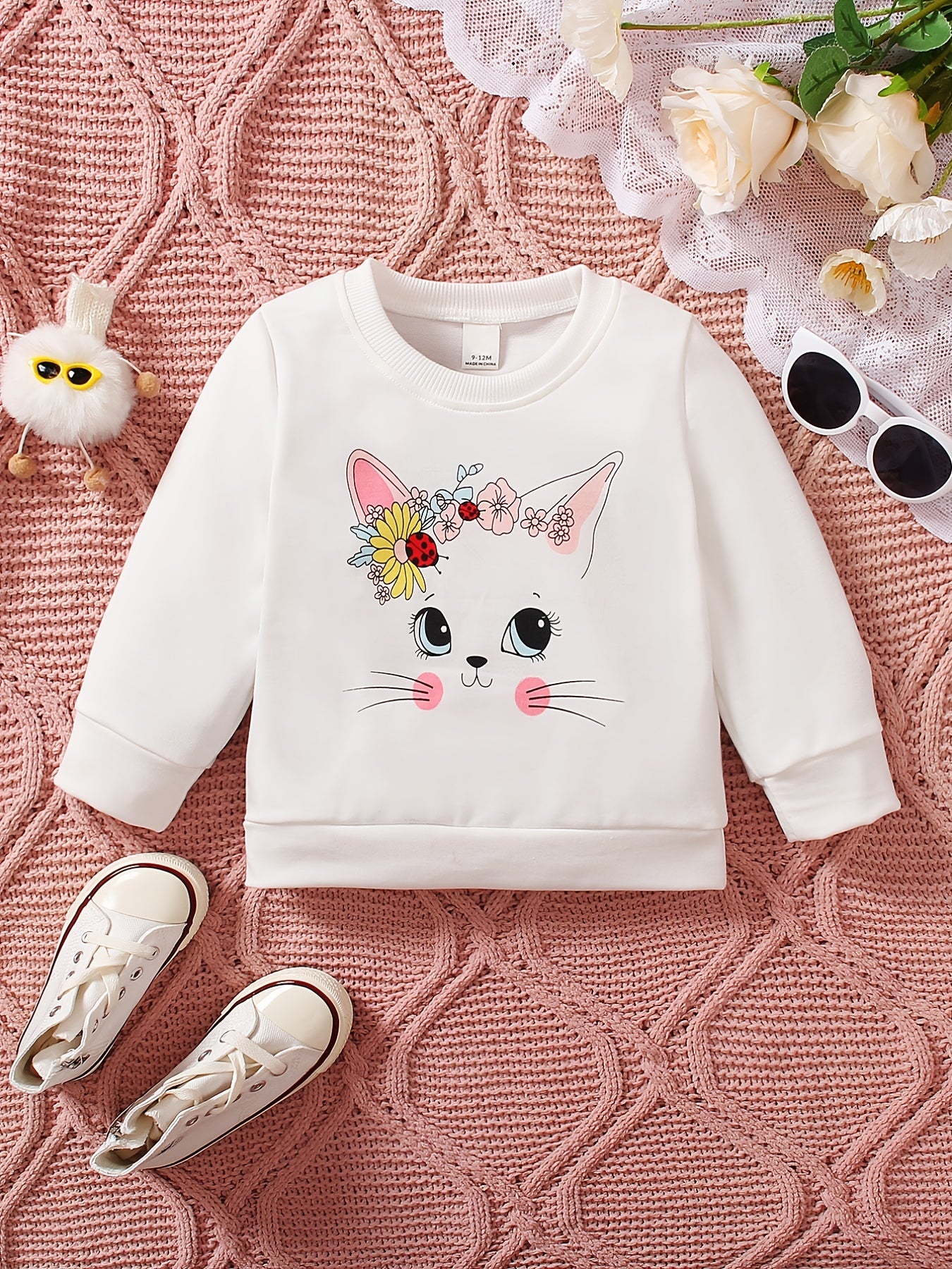 Long Sleeve Kitten Print Sweatshirt Kids Pullover Top