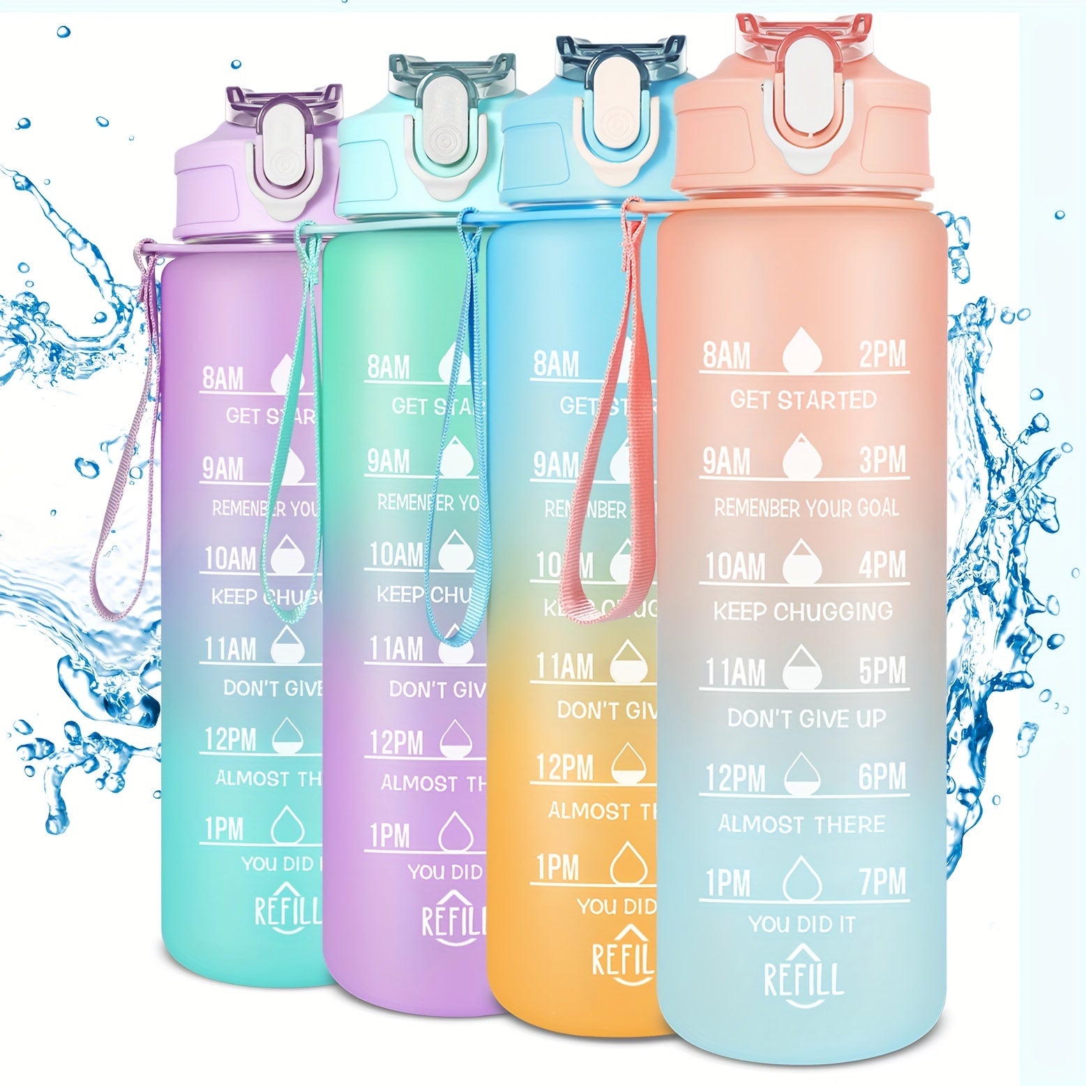 Gradient Water Bottle with Straw and Time Marker, Portable Leakproof Mot
