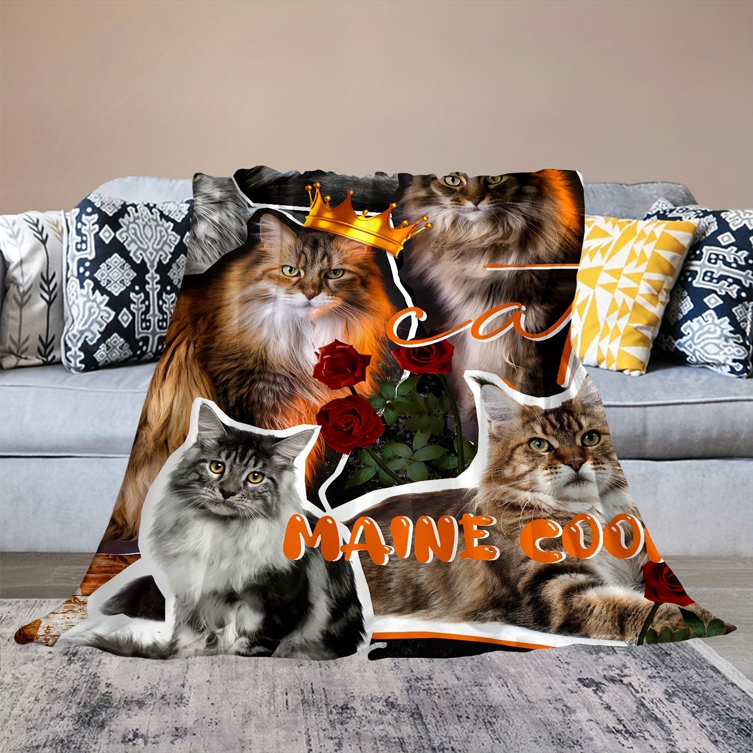 Cat Crown Rose Pattern Blanket Lightweight Warm Flannel Blanket