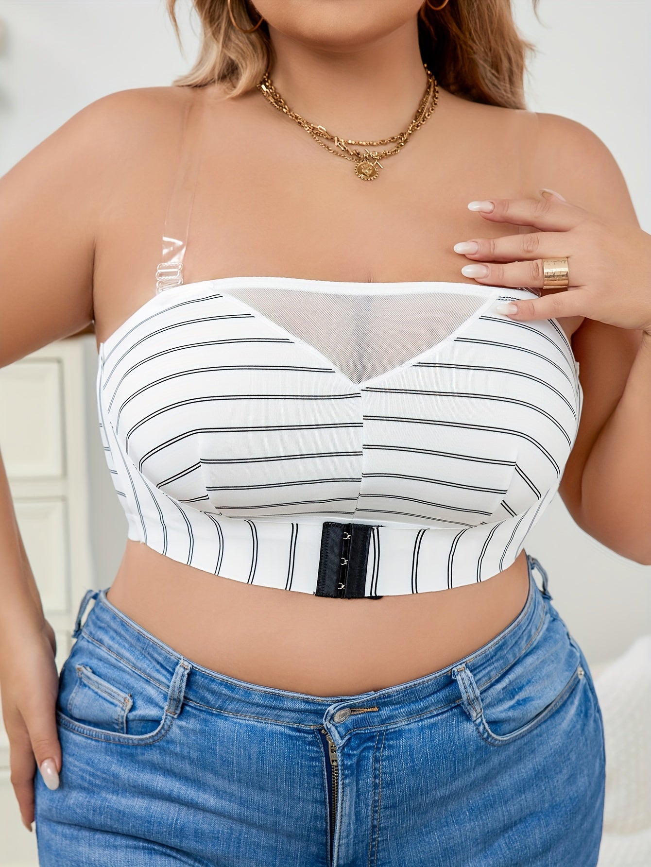 Bra Women's Plus Striped Print Mesh Tube Bralette