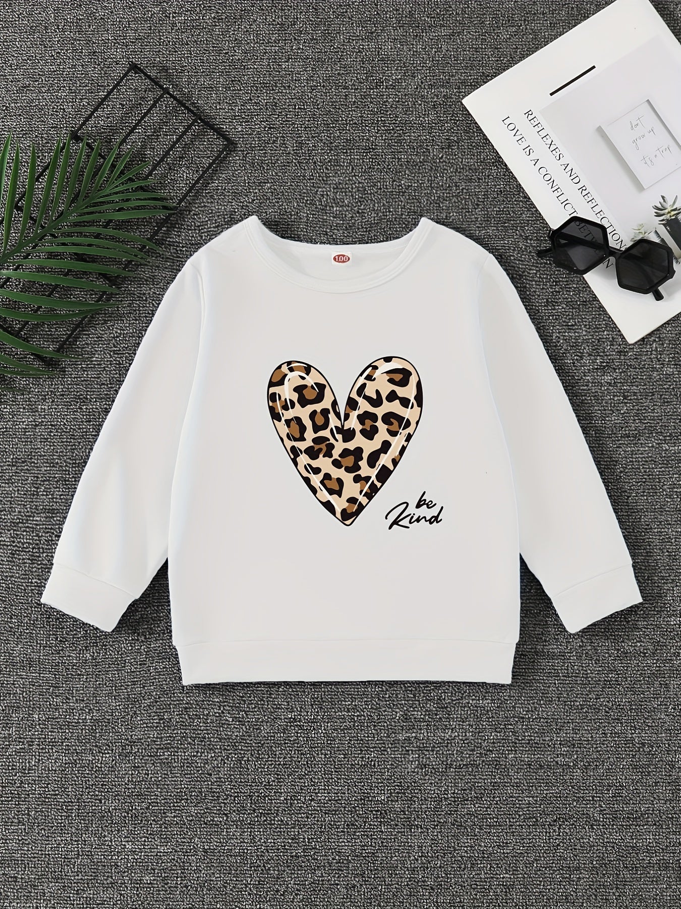 Leopard Heart Graphic Round Neck Pullover For Girls