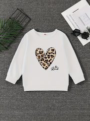 Leopard Heart Graphic Round Neck Pullover For Girls