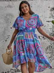 Colorblock Scarf Print V-Neck Stretch Dress