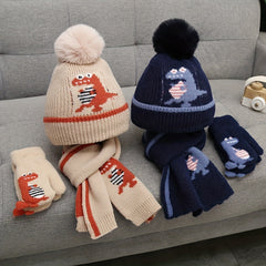 Kids Dinosaur 3-Piece Knit Set: Hat, Scarf, Gloves