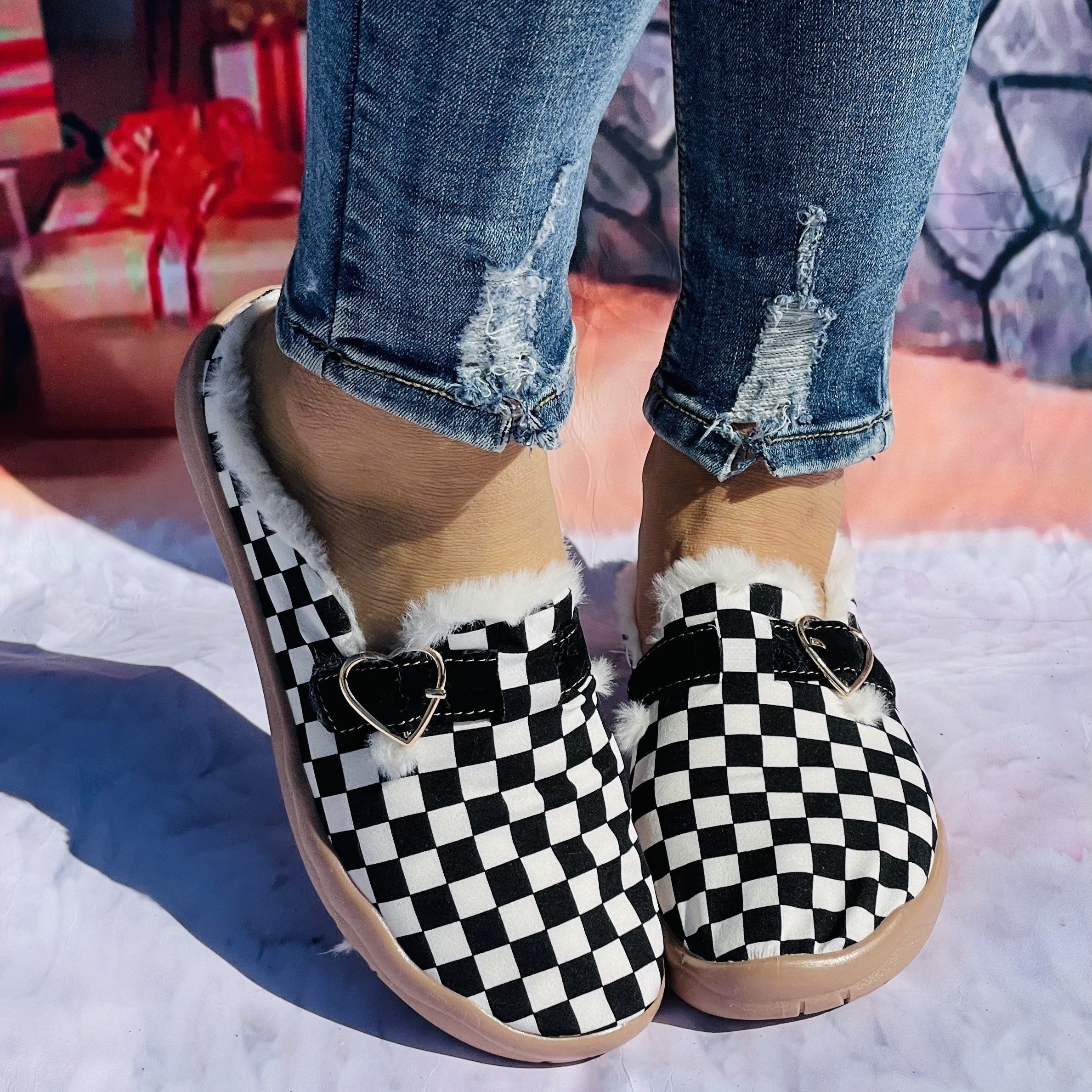 Women's Plaid Furry Slip On Shoes Warm Comfortable Lightweight
