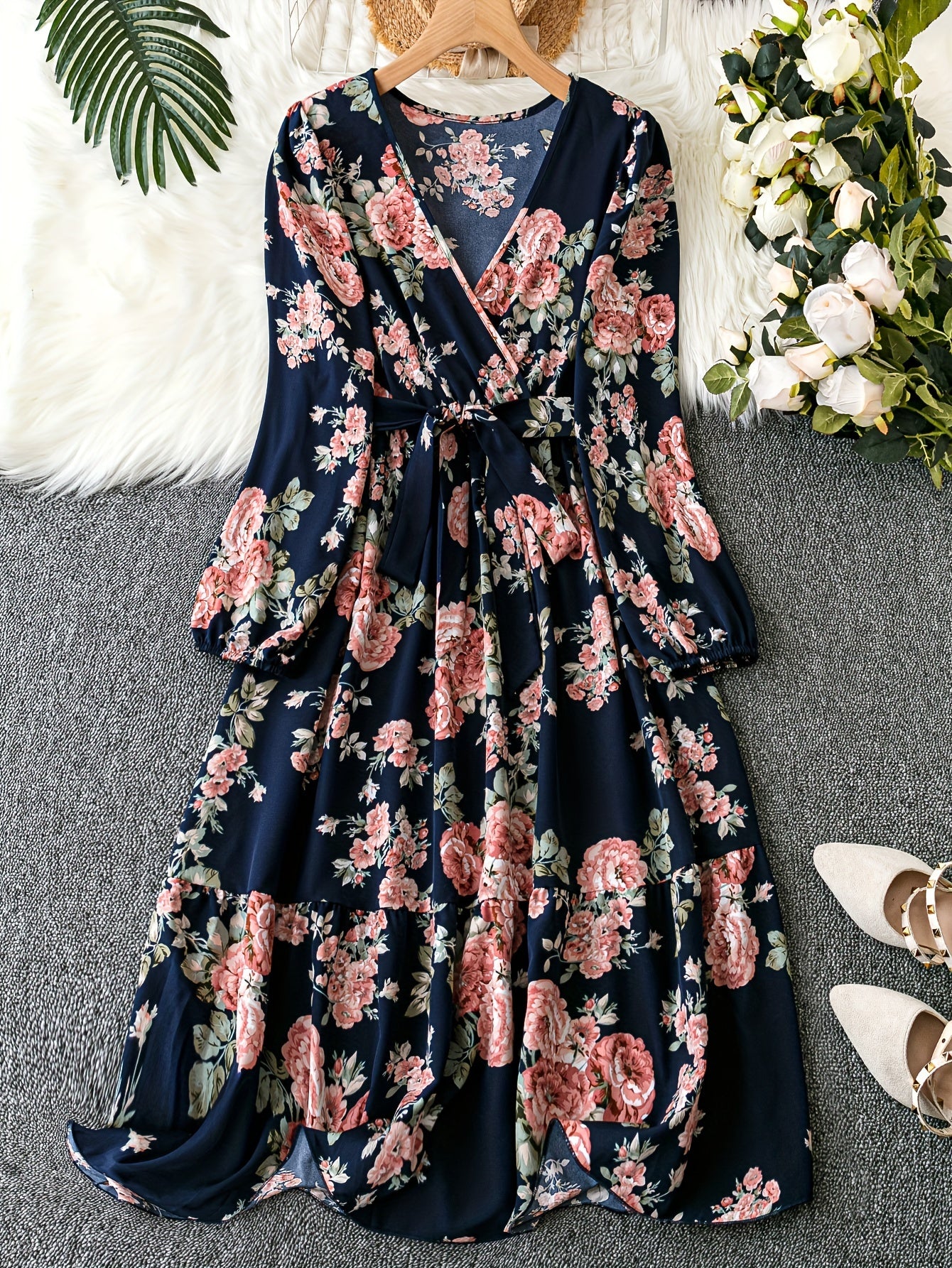 Women's Plus Floral Print Lantern Sleeve Surplice Neck Maxi Dress