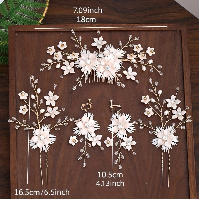 5pcs Bride Hair Comb Sweet Flower U-shaped Hairpin Wedding Dress Accessories