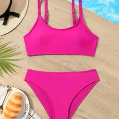 Girls Solid Swimsuit Set Cami Top Briefs Bikini Swimwear Set