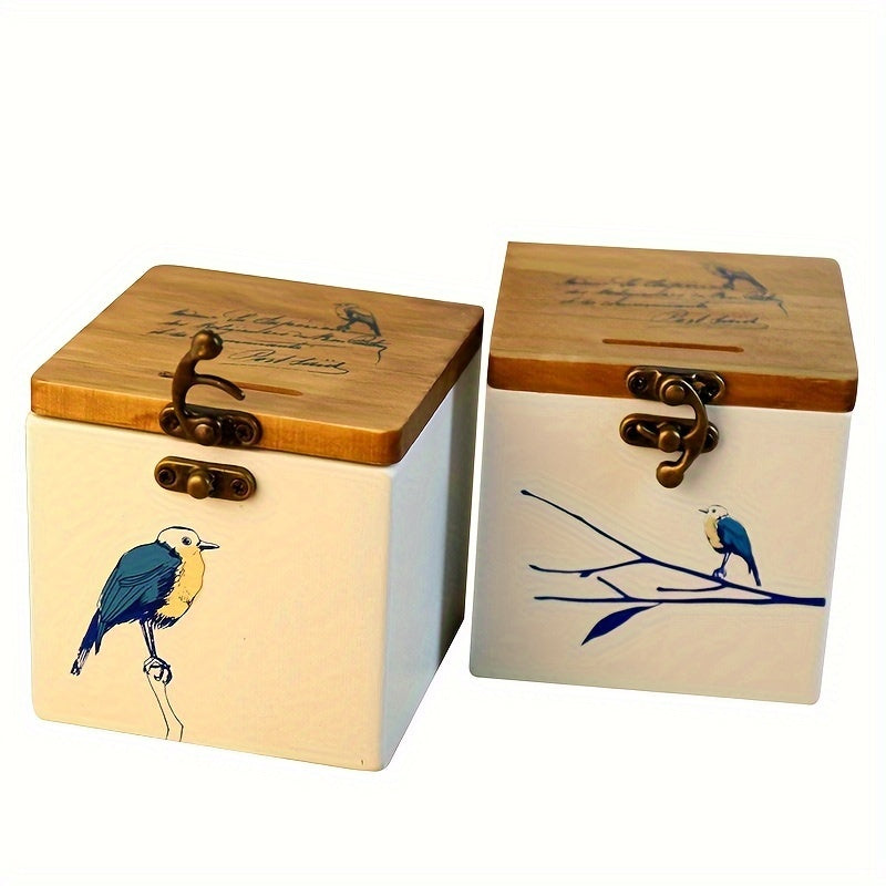 Wooden Bird Pattern Piggy Bank Storage Box Gift
