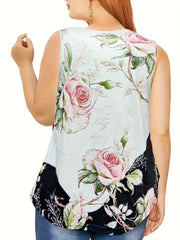 Rose Print Tank Top Women's Round Neck Slight Stretch