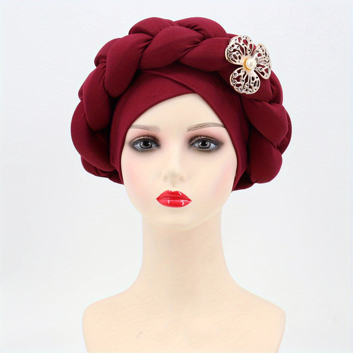 Oversized Braided Turban Cap Faux Pearl Flower Decor Head Wrap