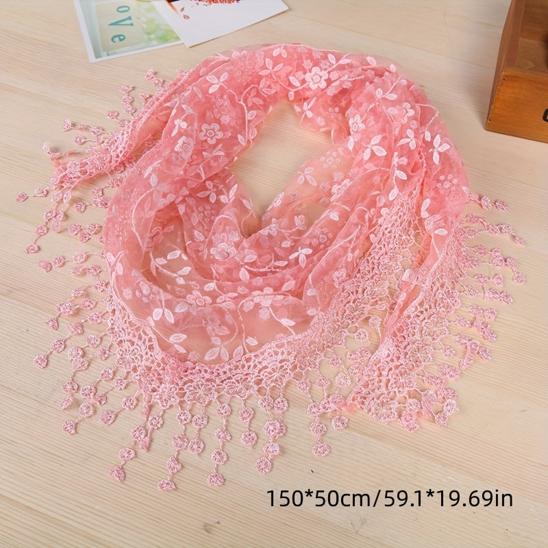 Lace Tassel Triangle Scarf Solid Flower Embroidery Shawl Mesh