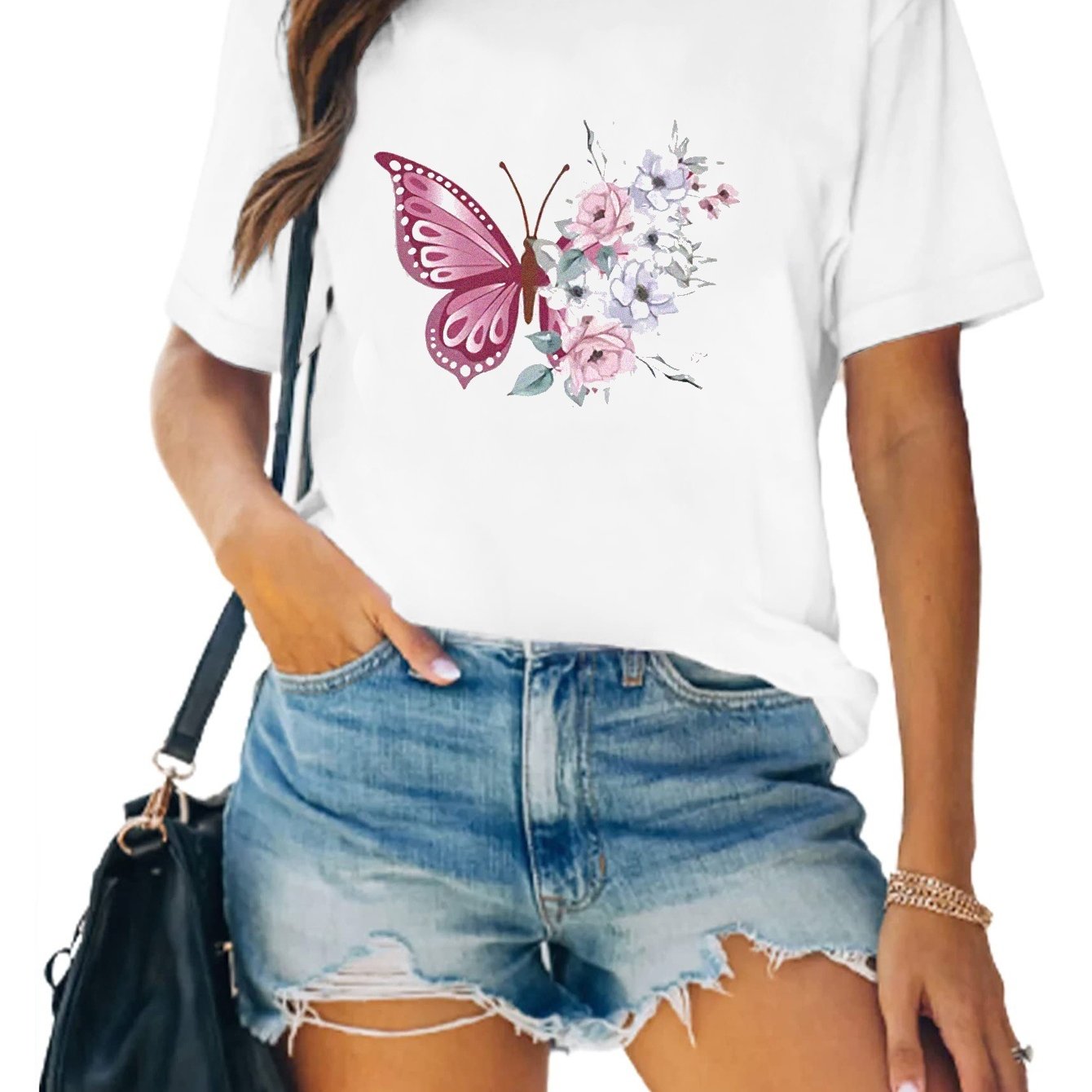 Flower & Butterfly Print Tee Round Neck Casual Sports Tee Women's Tops