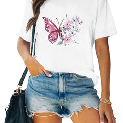 Flower & Butterfly Print Tee Round Neck Casual Sports Tee Women's Tops