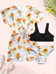 Girl's Floral Tropical Print Bikini Bathing Suit With Kimono