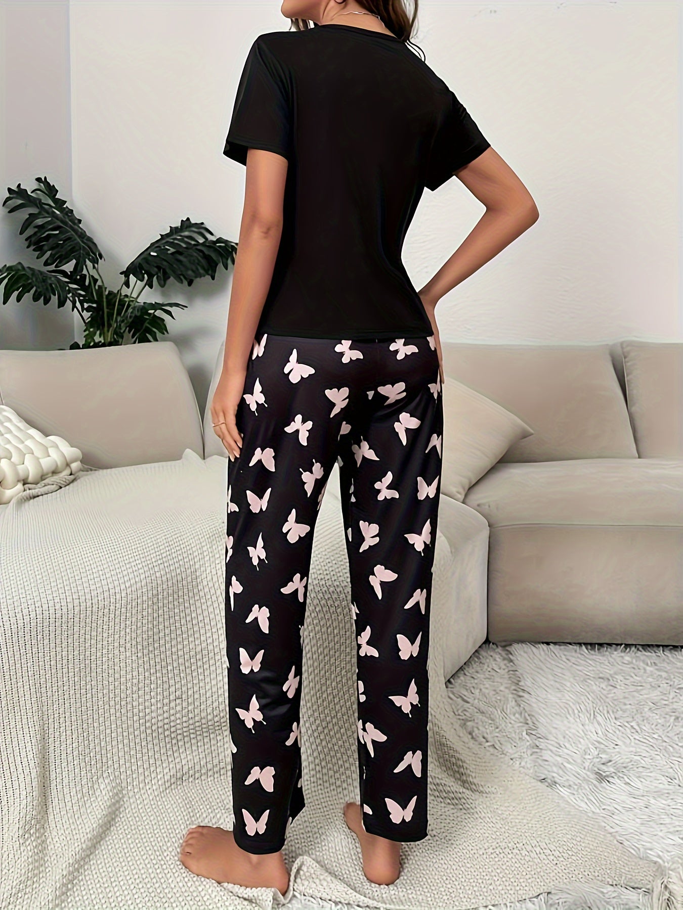Butterfly & Heart Print Pajama Set Short Sleeve Top & Pants