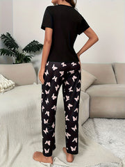 Butterfly & Heart Print Pajama Set Short Sleeve Top & Pants