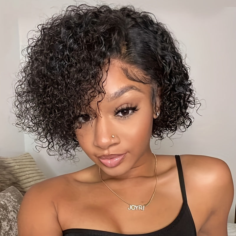 Brazilian Human Hair Pixie Cut Wig with T Part Lace Front Short Curly Wig