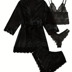 Lace Lounge Set Robe & Cami & Panties & Shorts