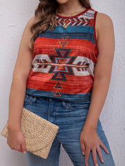 Geometric Print Boho Tank Top Round Neck Stretch Vest Top